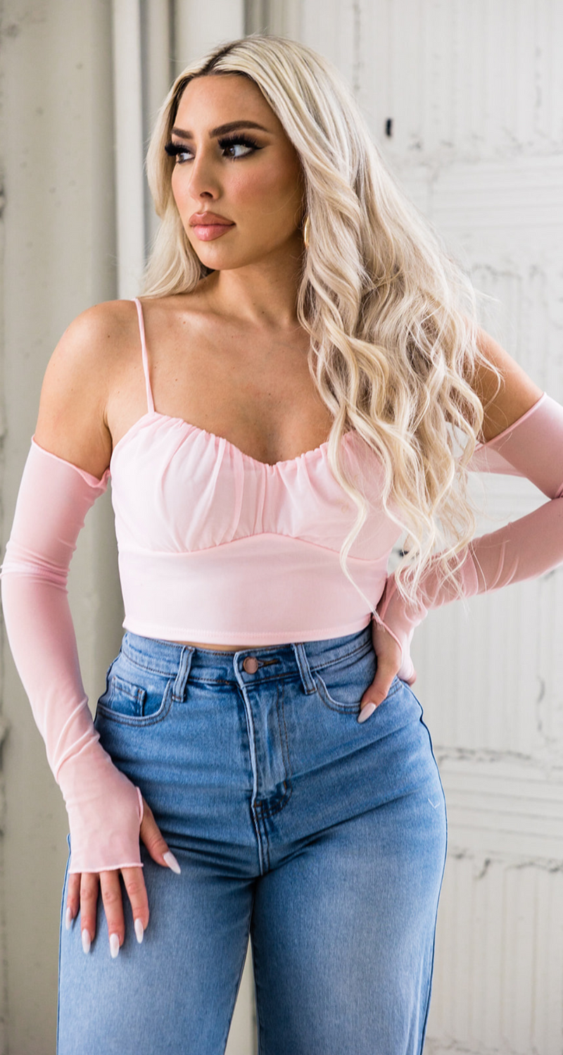 HINT OF SHEER-DETACHABLE SLEEVE CROP TOP